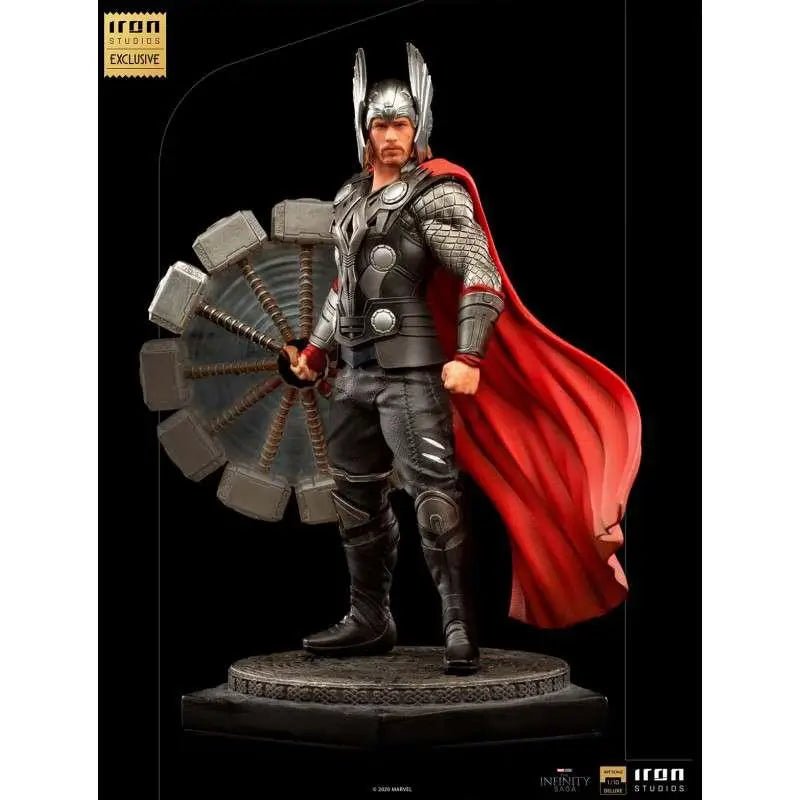 Thor MCU 10-årsjubileum deluxe Art Scale 1/10-statyett i silver och svart rustning med röd mantel och hammare