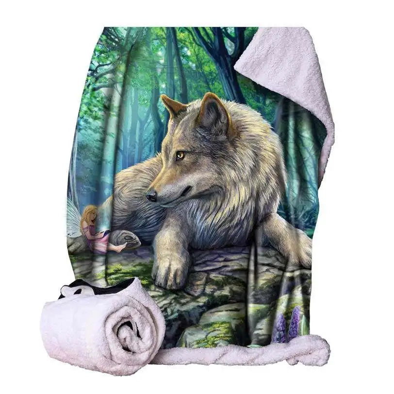 Fuzzy grå vargtäcke med skogsscen och mjuk vit sherpa, Throw Fairy Stories - Lisa Parker