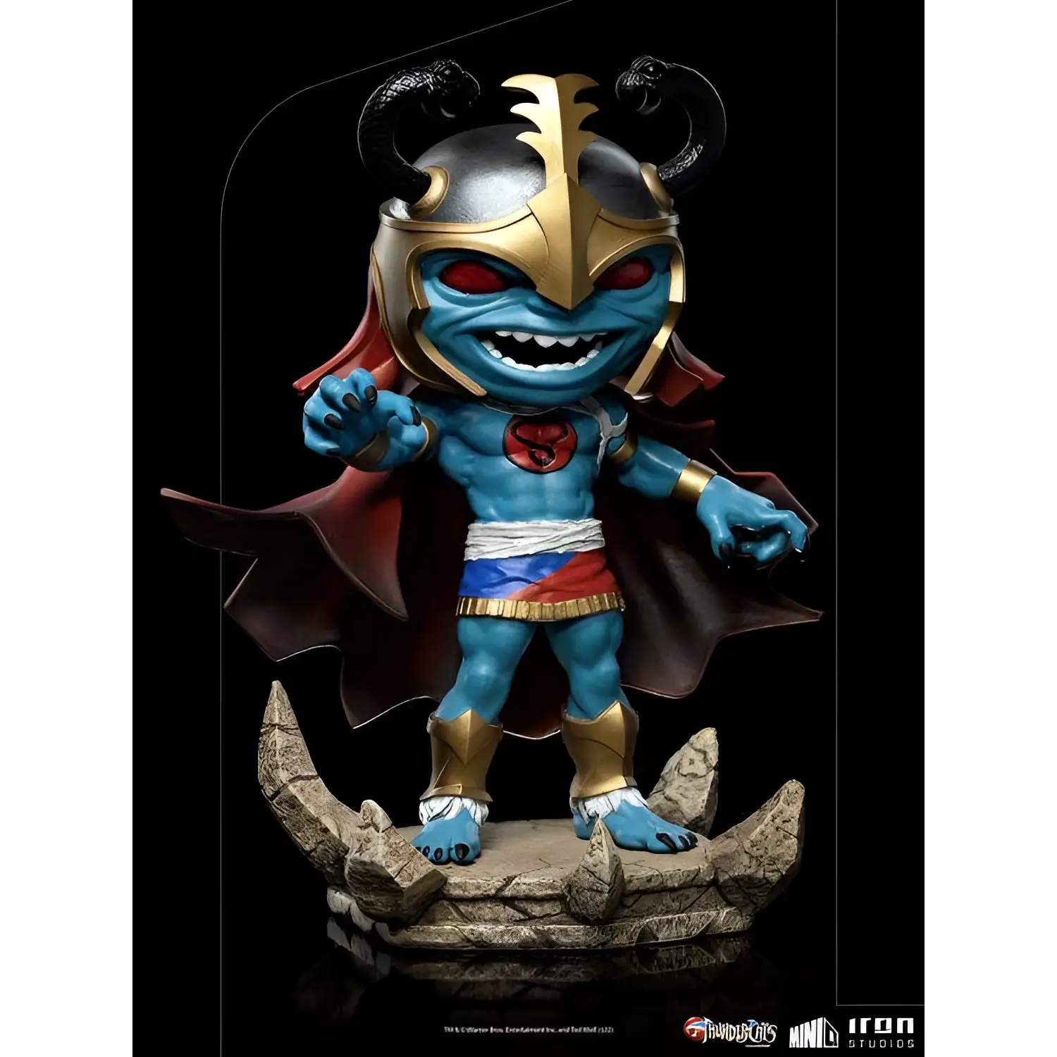 Chibi Mumm-Ra figur med blå hud, röda ögon, röd mantel och guldsmycken