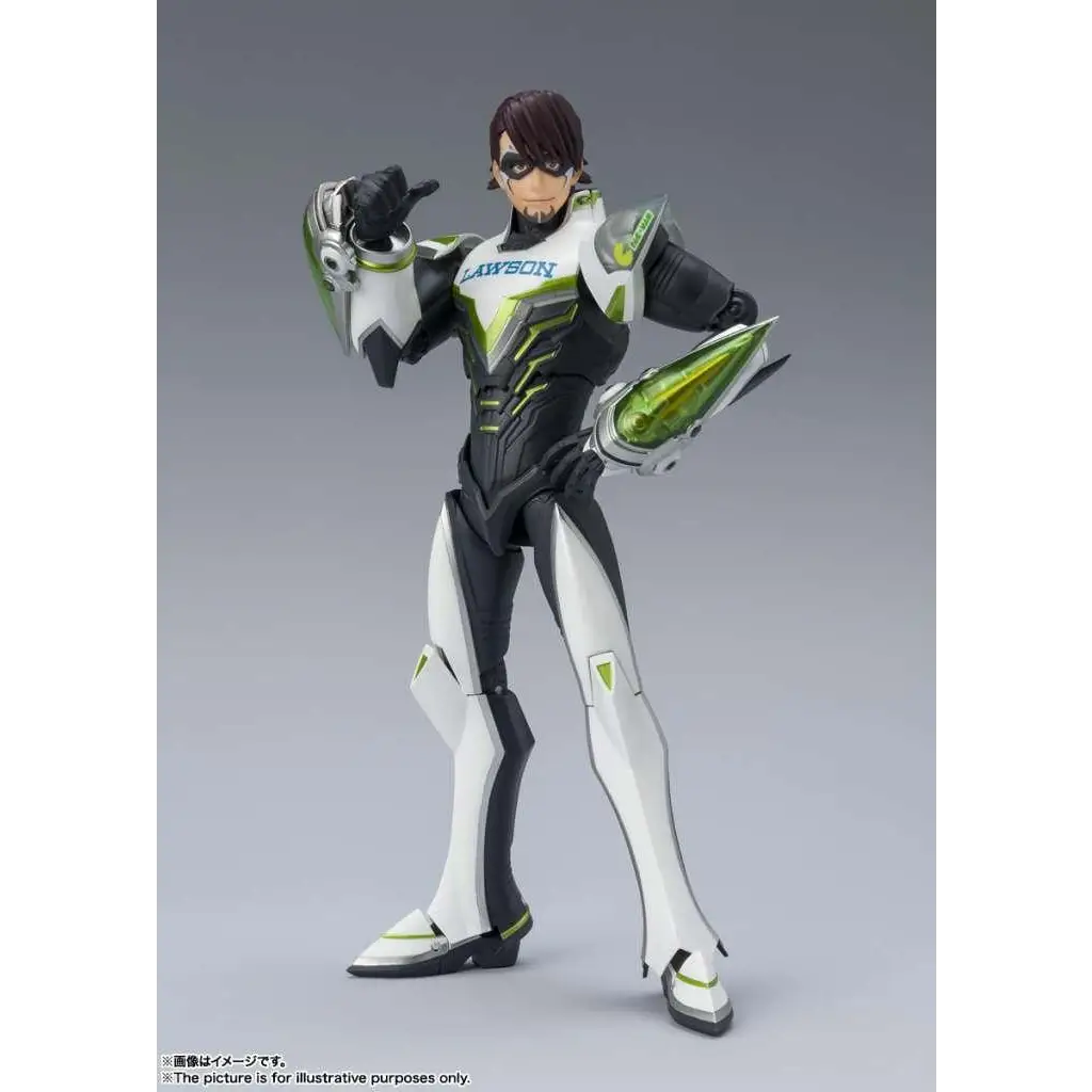 Svart, vit och limegrön rustad Tiger & Bunny Wild Tiger SH Figuarts-figur med Lawson på bröstet