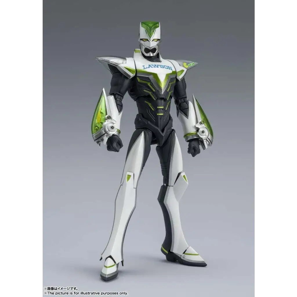 Vit SH Figuarts Tiger & Bunny 2 Wild Tiger, vit svart rustad figur med gröna accenter och namnet Lawson på bröstet