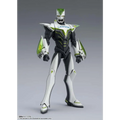 Vit SH Figuarts Tiger & Bunny 2 Wild Tiger, vit svart rustad figur med gröna accenter och namnet Lawson på bröstet