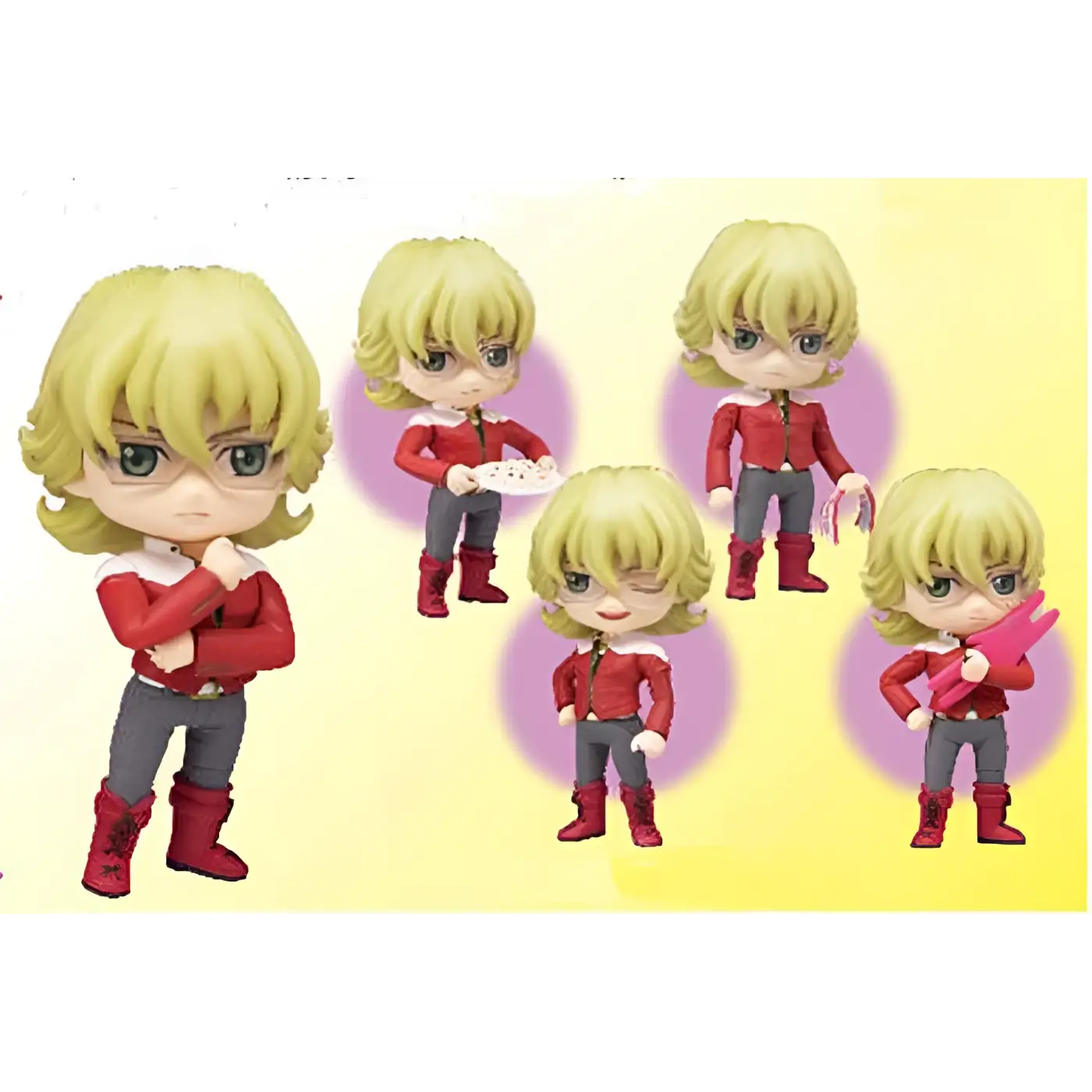 Röd och grå chibi-figur av Barnaby Brooks Jr från Tiger & Bunny, med blont hår i röd jacka