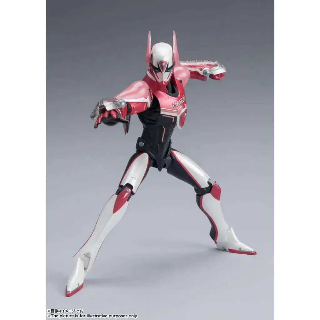 Rosa och vit rustad Tiger & Bunny Barnaby Brooks Jr S.H.Figuarts-figur med svarta accenter och futuristisk design