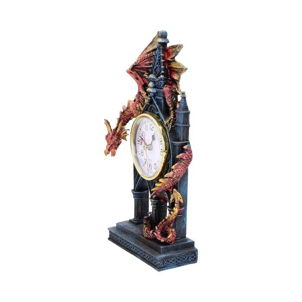 Detaljerad röd och guld drake-tema klocka med svart slottbas, Time Guardian Fantasy Clock