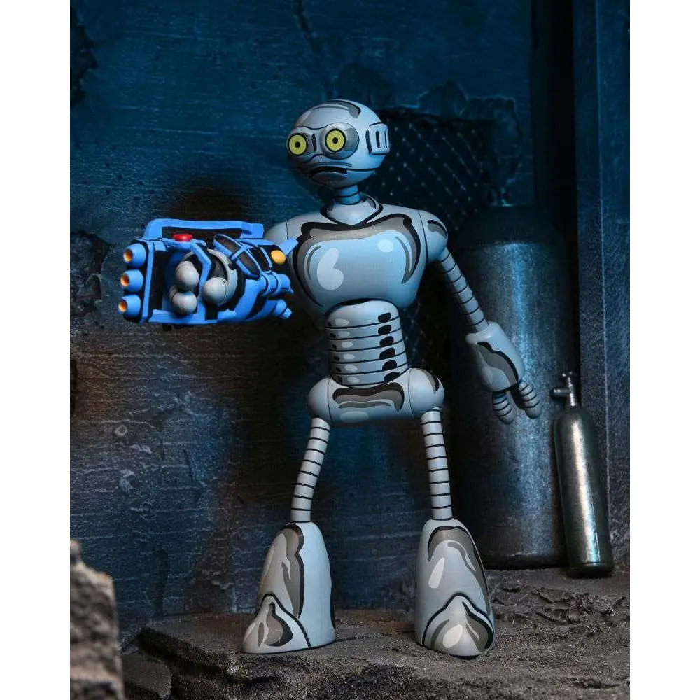 Detaljerad ljusgrå och svart Fugitoid-actionfigur från TMNT Mirage Comics med gula ögon och blå arm