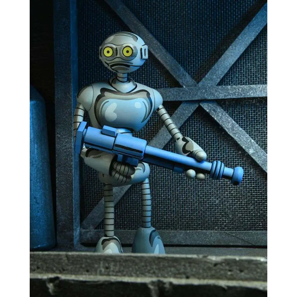 Fugitoid TMNT Mirage Comics actionfigur i silver och blå med gul ögon och vapen