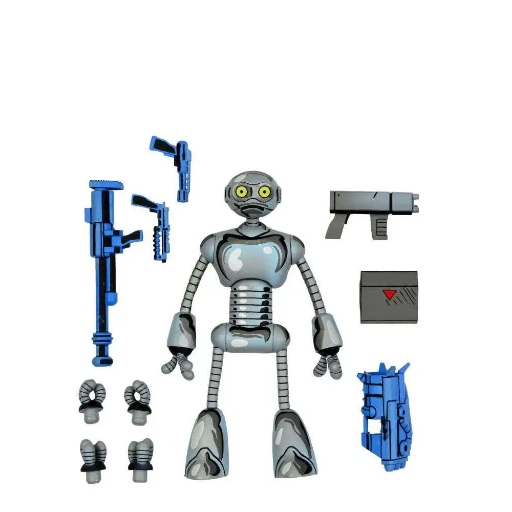 Silvrig metallrobotfigur Fugitoid från TMNT Mirage Comics med gula ögon