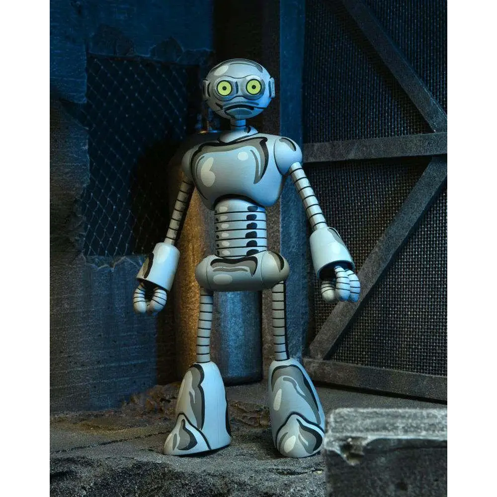Fugitoid TMNT Mirage Comics actionfigur, silvergrå robot med gula ögon