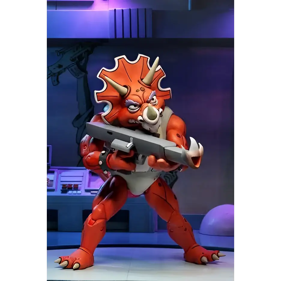 Röd-orange Triceraton-actionfigur med silvervapen och vit sele, detaljerad rustning från TMNT
