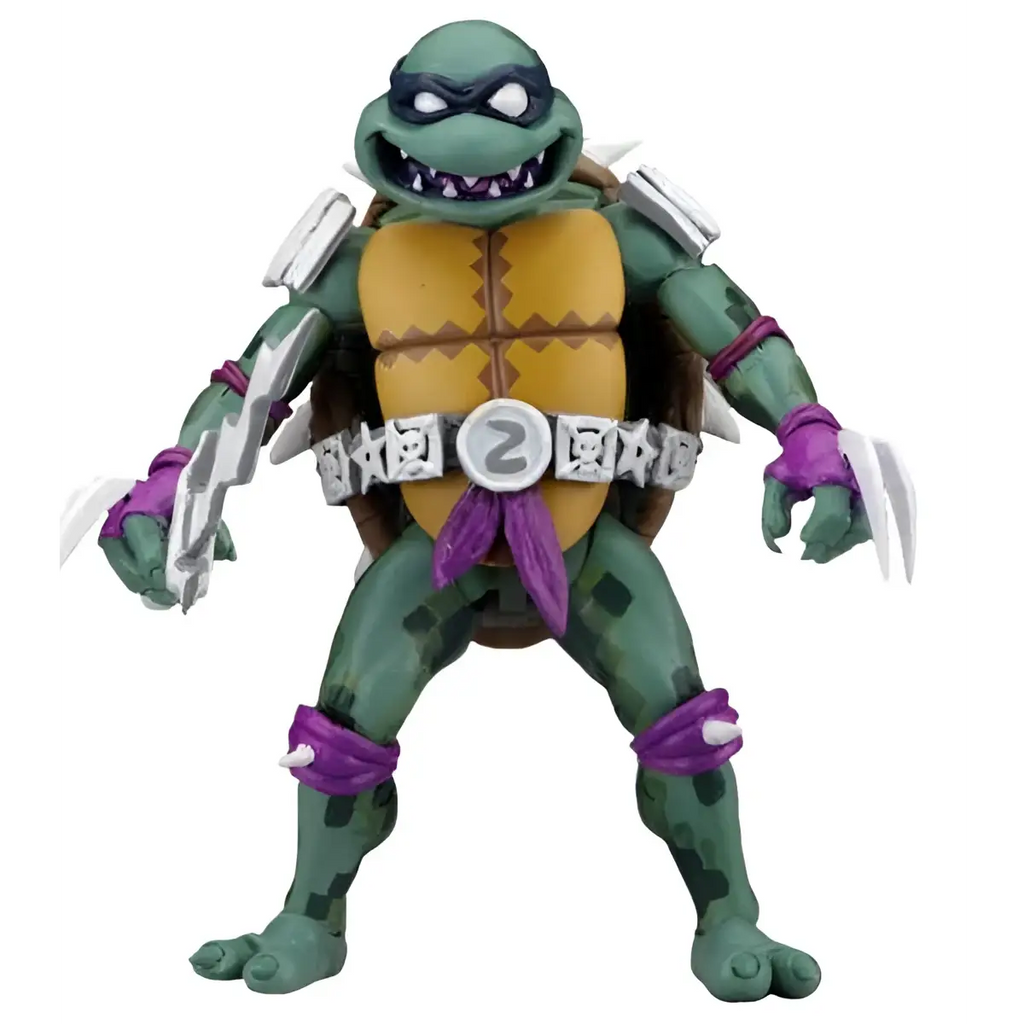 Grön sköldpadds actionfigur med lila bandana, gul skal och vita klor från TMNT Turtles in Time-serie 1