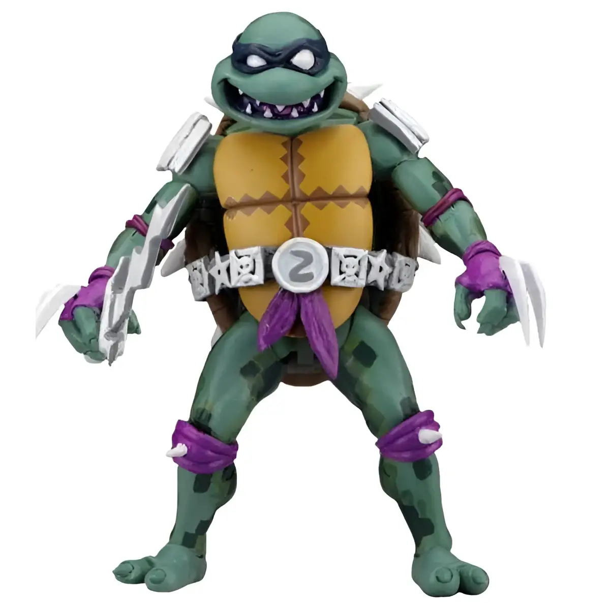 Grön sköldpadds actionfigur med lila bandana, gul skal och vita klor från TMNT Turtles in Time-serie 1
