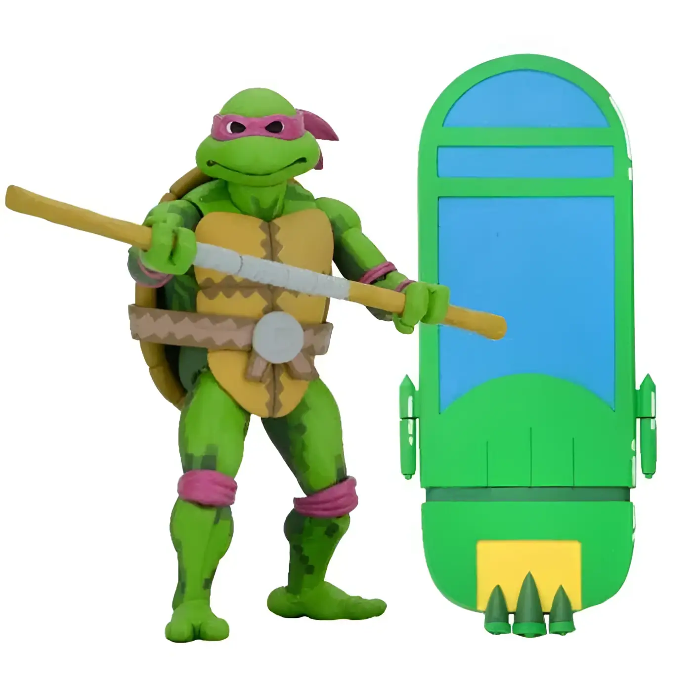 Grön tonårsmutant ninja sköldpadda med rosa ögonmask och handledsskydd, håller bo-stav, gul pansar, TMNT Turtles in Time Serie 1