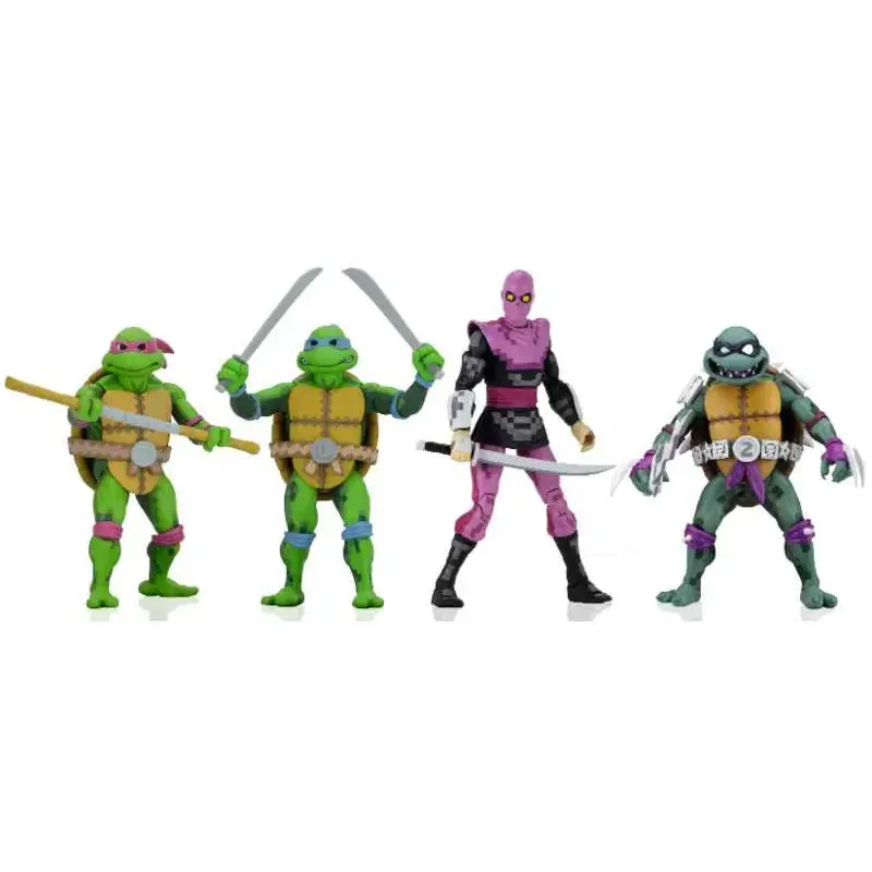 Fyra gröna TMNT-sköldpaddor i tidsserien 1-set med masker, vapen och lila dräkt