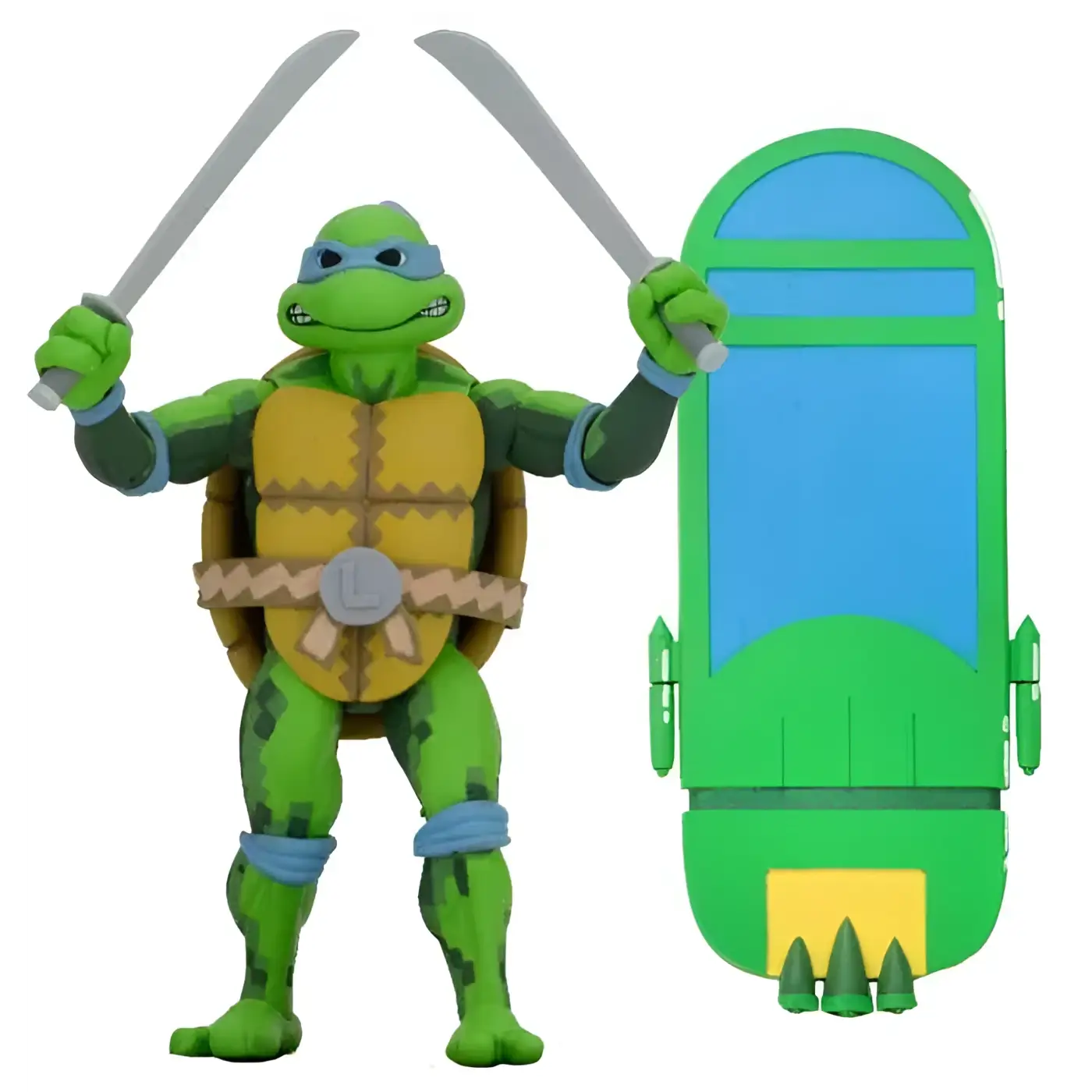Grön TMNT tonårsmutant ninja sköldpadda med gul sköld, blå ögonmask och två grå svärd från Turtles in Time-serie 1