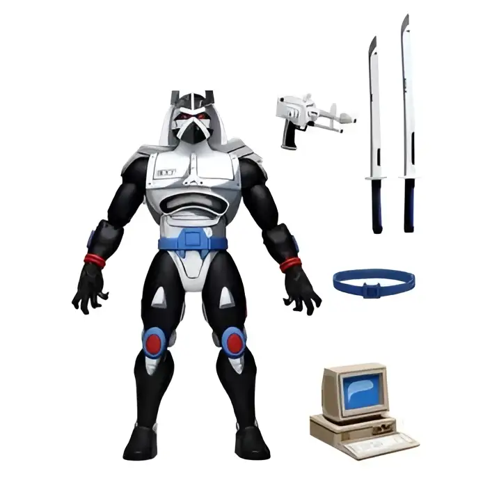 TMNT Ultimate Chrome Dome-figur: Svart och silver rustad actionfigur med blå accenter