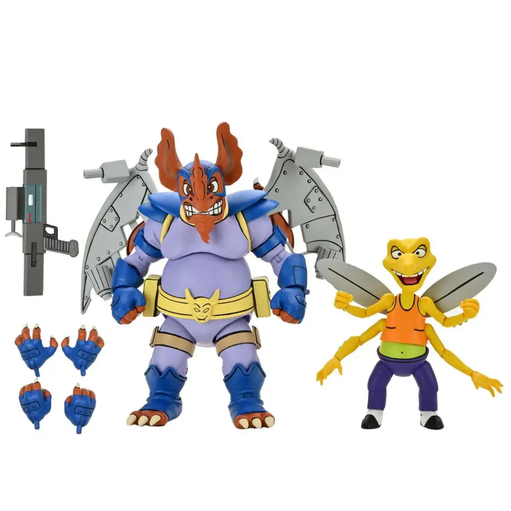 Lila och blå rustad figur med orange horn, vingar och TMNT Wingnut-kattemblem
