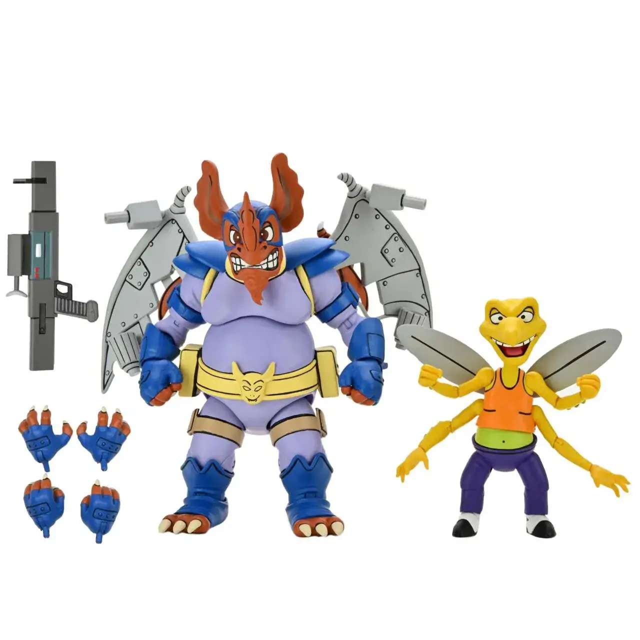 Lila och blå rustad figur med orange horn, vingar och TMNT Wingnut-kattemblem