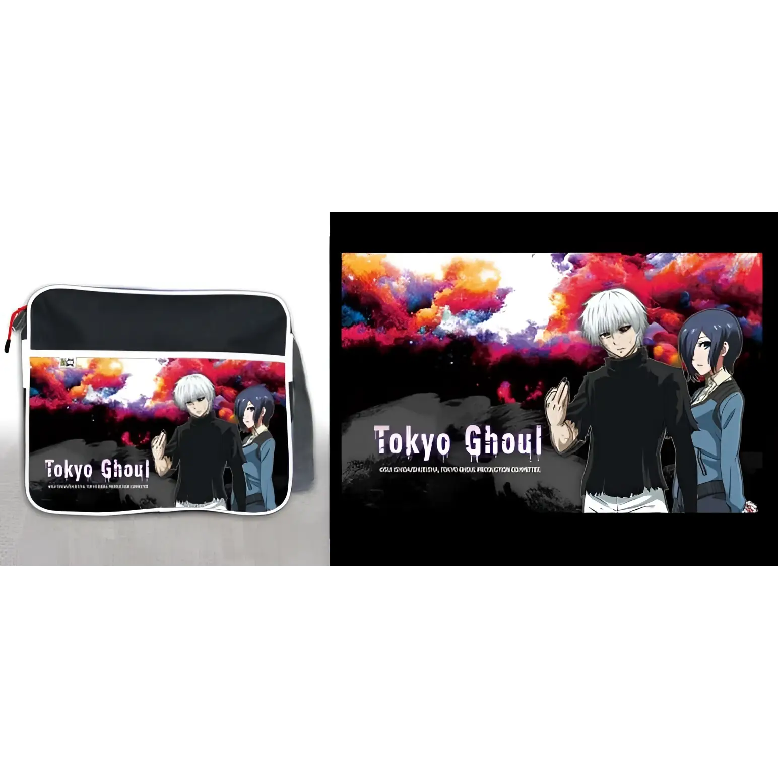 Svart Tokyo Ghoul-temad ryggsäck med vit kant och färgglada animefigurer