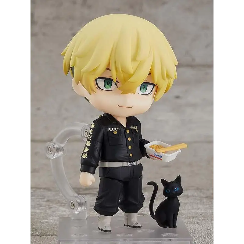 Svart Nendoroid-figur av Chifuyu Matsuno från Tokyo Revengers med svart katt