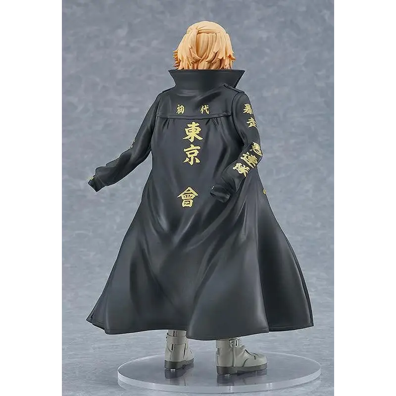 Svart läderliknande kappa med guld japanska tecken på rygg och ärmar för Tokyo Revengers Manjiro Sano