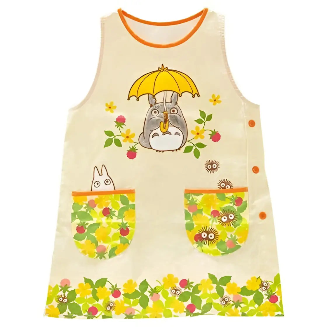 Beige ärmlöst Totoro-förkläde med gul paraply och jordgubbsmotiv