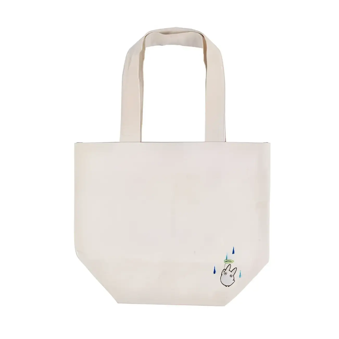 Beige canvas tote med broderad Totoro och blå regndroppar
