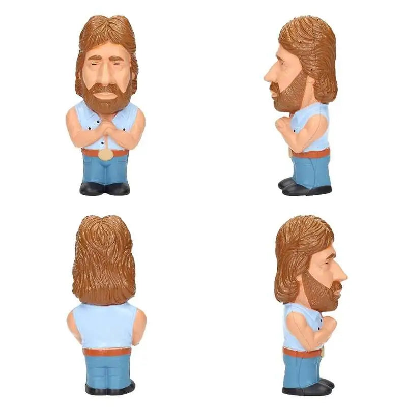Brunhårig skäggig brottare-figur i ljusblå tröja och byxor med orange bälte, Tough Guy Stressdoll Chuck Norris