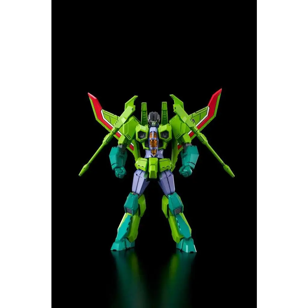 Grön och turkos robotfigur med röda vingspetsar från Transformers Acid Storm Modellkit