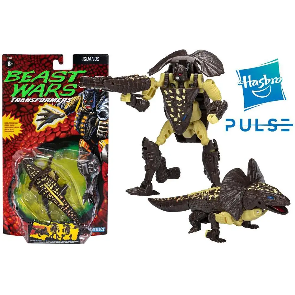 Svart och gul Transformers Beast Wars Retro Iguanus-actionfigur med taggad rustning