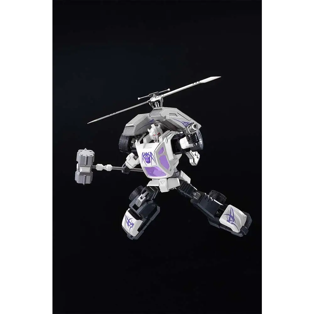 Vit Transformers Bug Bite MK Furai Model 16, vit och lila med svarta accenter, helikopterrotor och vapen