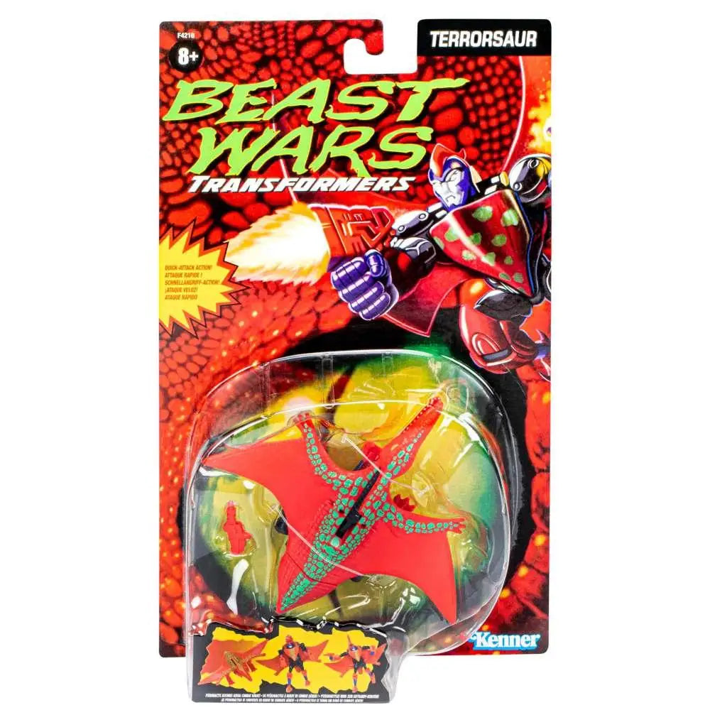 Röd och grön plast Terrorsaur-leksak från Transformers Beast Wars i blisterförpackning