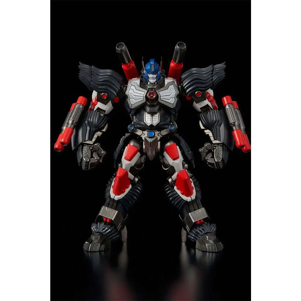 Röd, vit och svart pansrad robotfigur med blå huvud-detaljer i Transformers Furai Action Optimus Primal