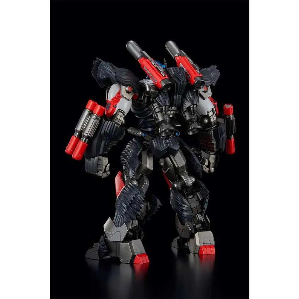 Svart och röd pansrad robotfigur med Optimus Primal från Transformers Furai, Gundam-inspirerad design