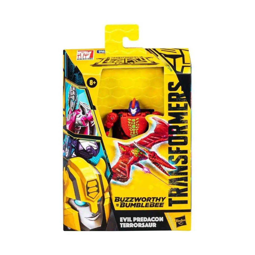 Röd och guld plastfigur av onda Predacon Terrorsaur från Transformers: Legacy