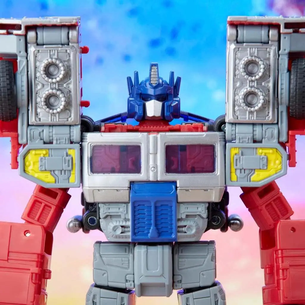 Optimus Prime laser actionfigur i blått och rött med silver, gul och grå detaljer