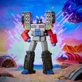 Optimus Prime laser actionfigur med röd, grå, blå design, högtalrarsliknande axlar och svarta ben