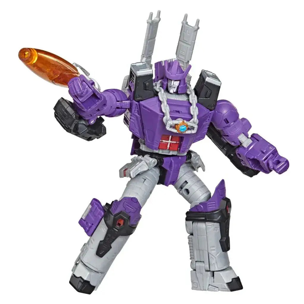 Lila och grå Galvatron Transformers Legacy Leader-figur med svarta accenter och orange vapen