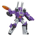Lila och grå Galvatron Transformers Legacy Leader-figur med svarta accenter och orange vapen