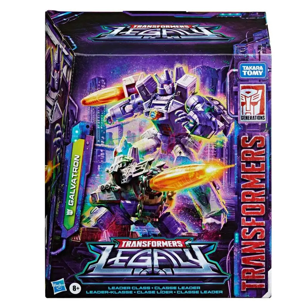 Lila och silver Galvatron-actionfigur i Transformers Legacy Leader Class-låda