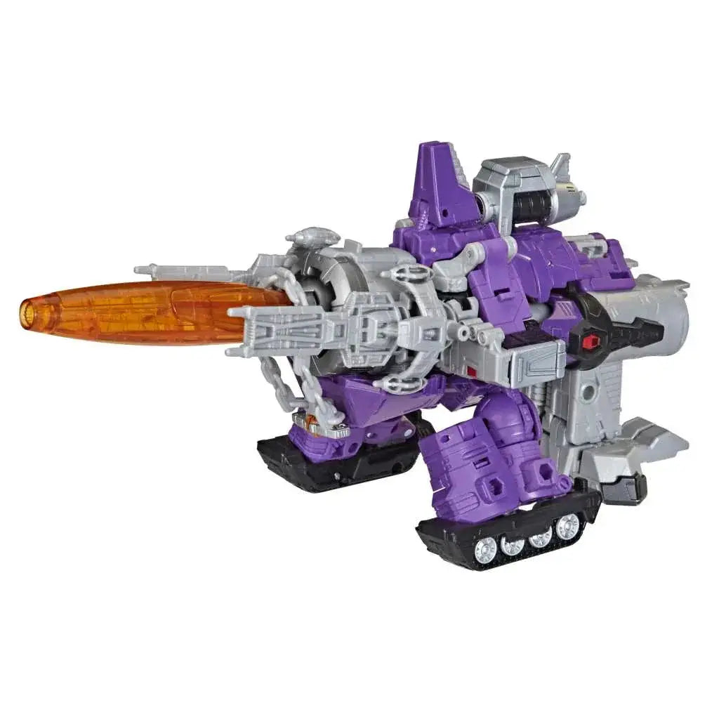 Lila och silverfärgade Transformers Legacy Leader Galvatron AF med orange kanon