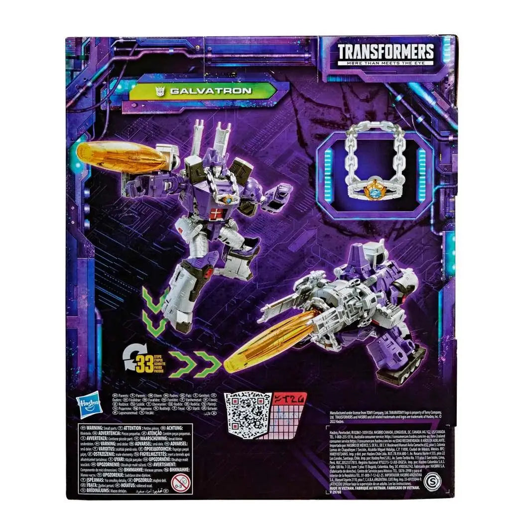 Lila och silverfärgade Galvatron-actionfiguren med guldfärgat vapen från Transformers Legacy