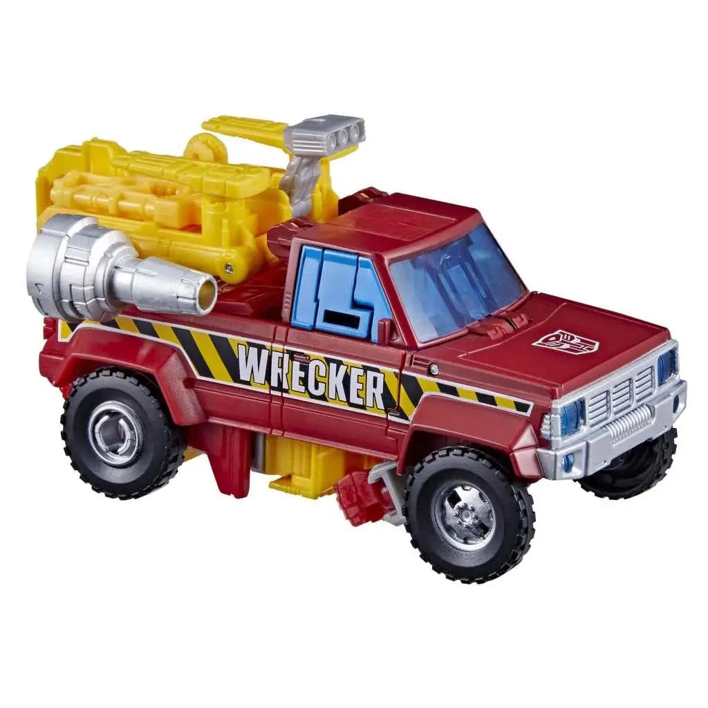 Röd och gul Transformers Legacy Lift-Ticket wrecker-leksakstruck med silverkran