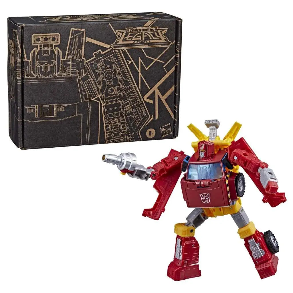 Röd och gul Transformers Bumblebee-figur med silver vapen från Legacy-linjen