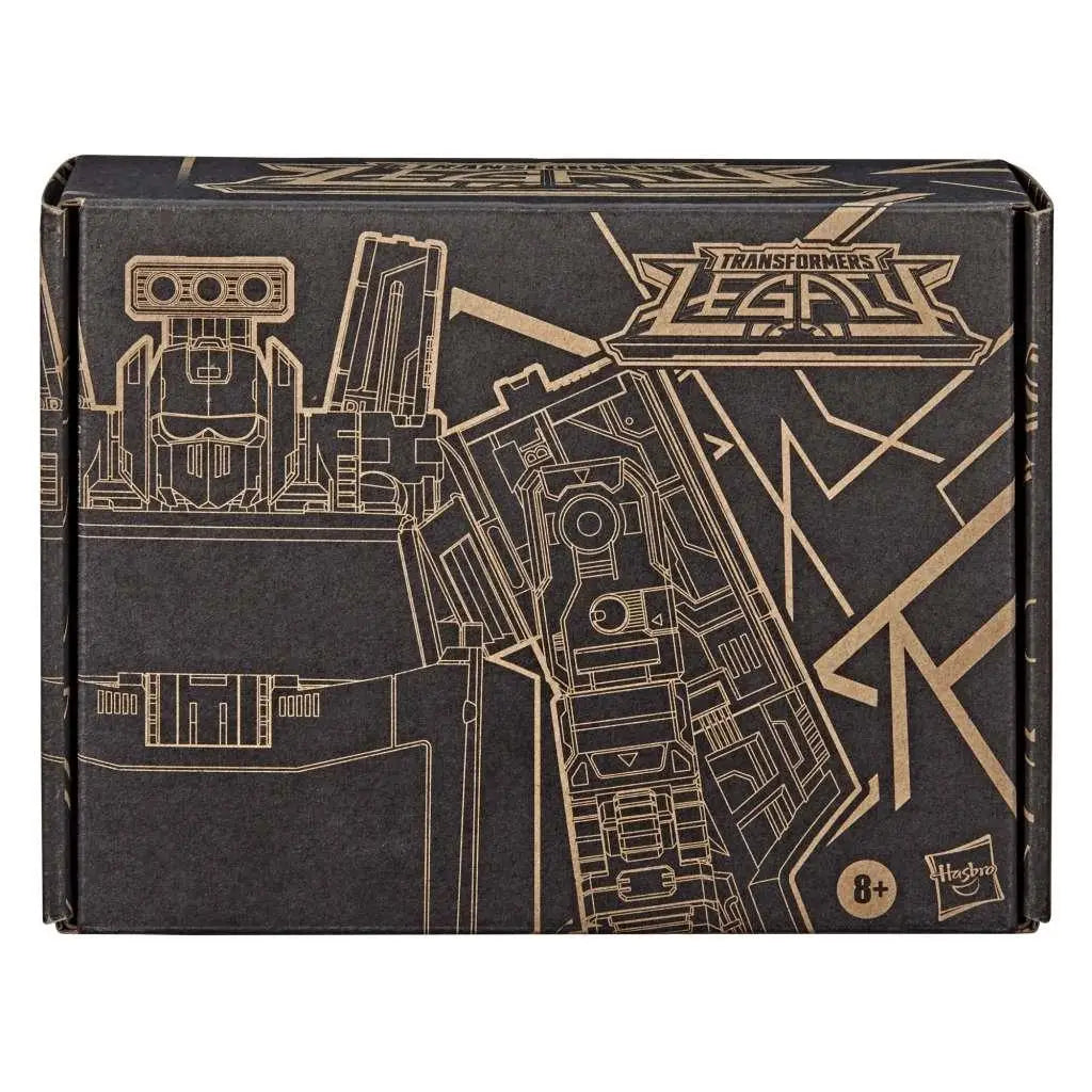 Svart och guldfärgad Transformers Legacy Lift-Ticket leksaksförpackning med detaljerad ritning