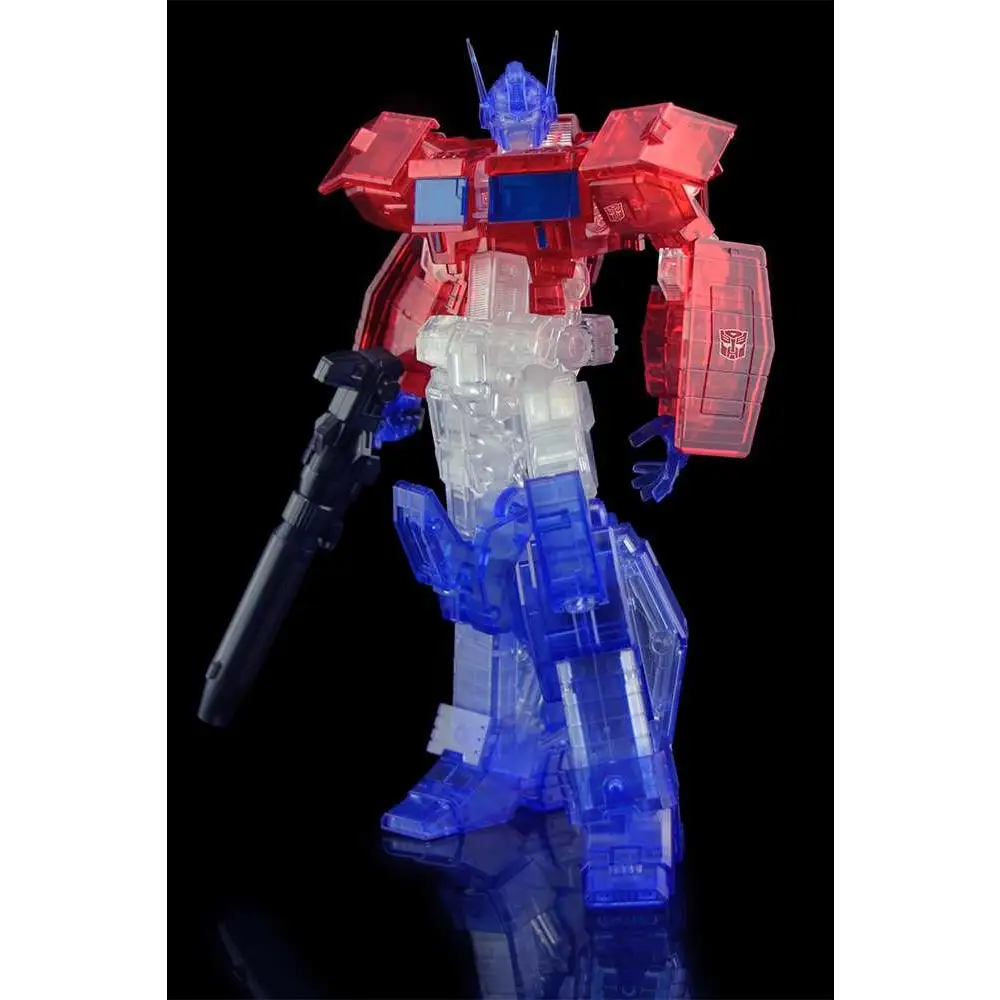 Optimus Prime Furai Model Kit: transparent röd, vit, blå plastfigur med svart vapen