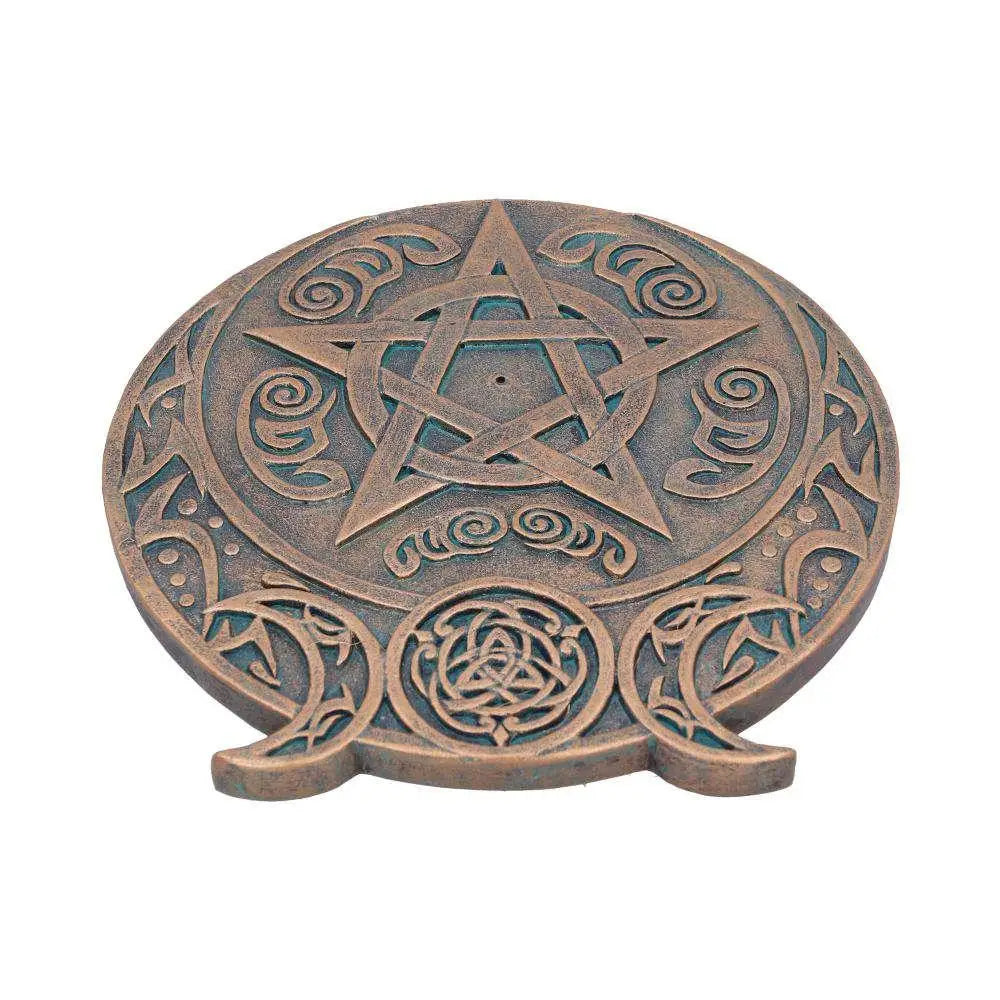 Bronsfärgad pentagram- och keltisk knut-coaster med stativ för Triple Moon Doftelsebrännare