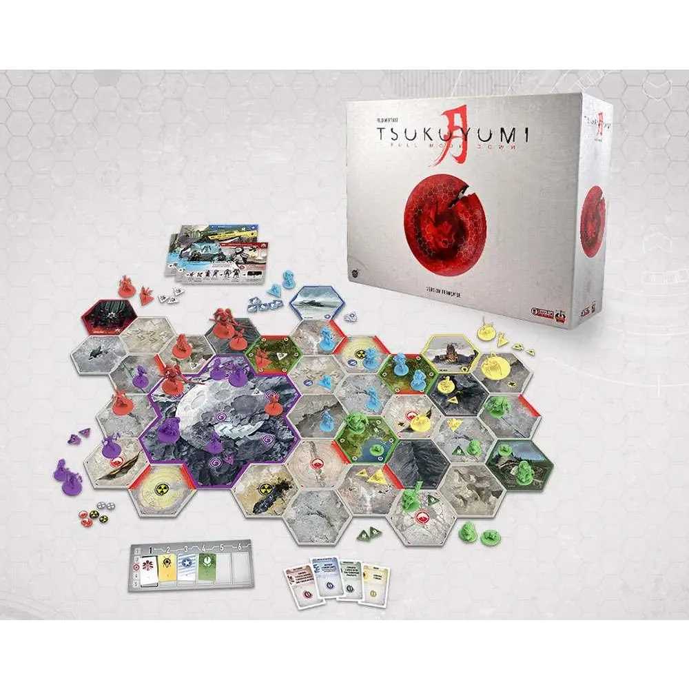 Tsukuyomi: Full Moon Dawn-spel med silverbox och färgglada hex-tiles