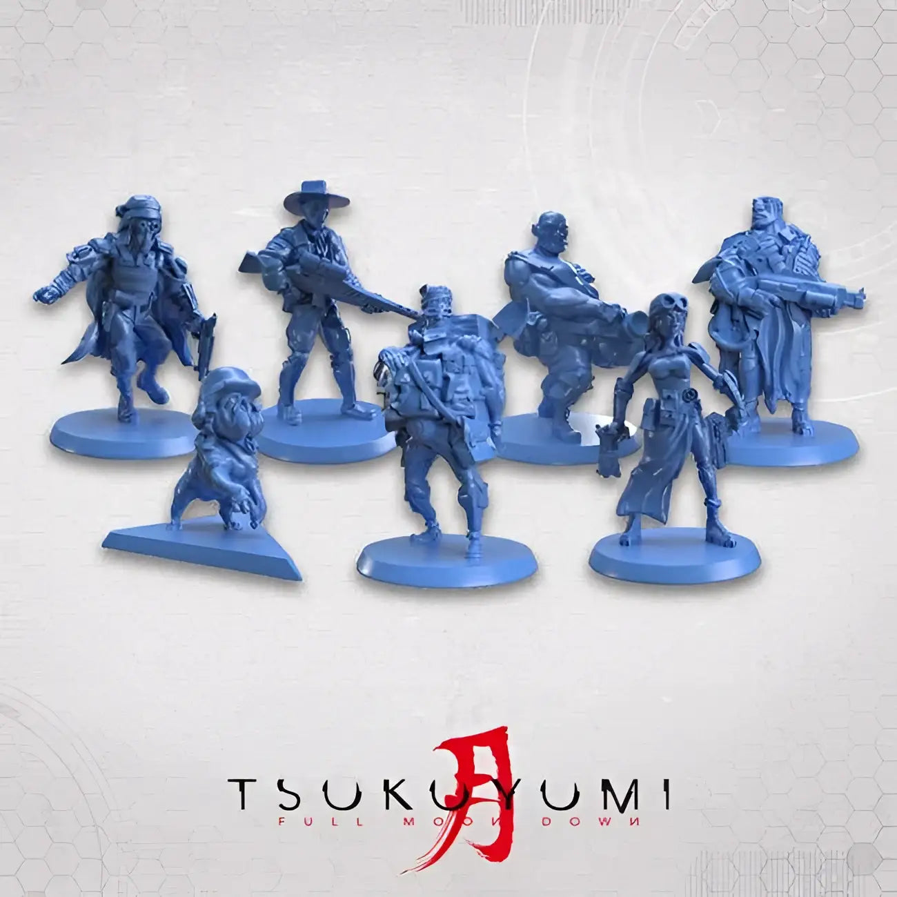 Blå plastfigurer av beväpnade karaktärer i poser på runda baser från Tsukuyumi: Full Moon Down Core Spel