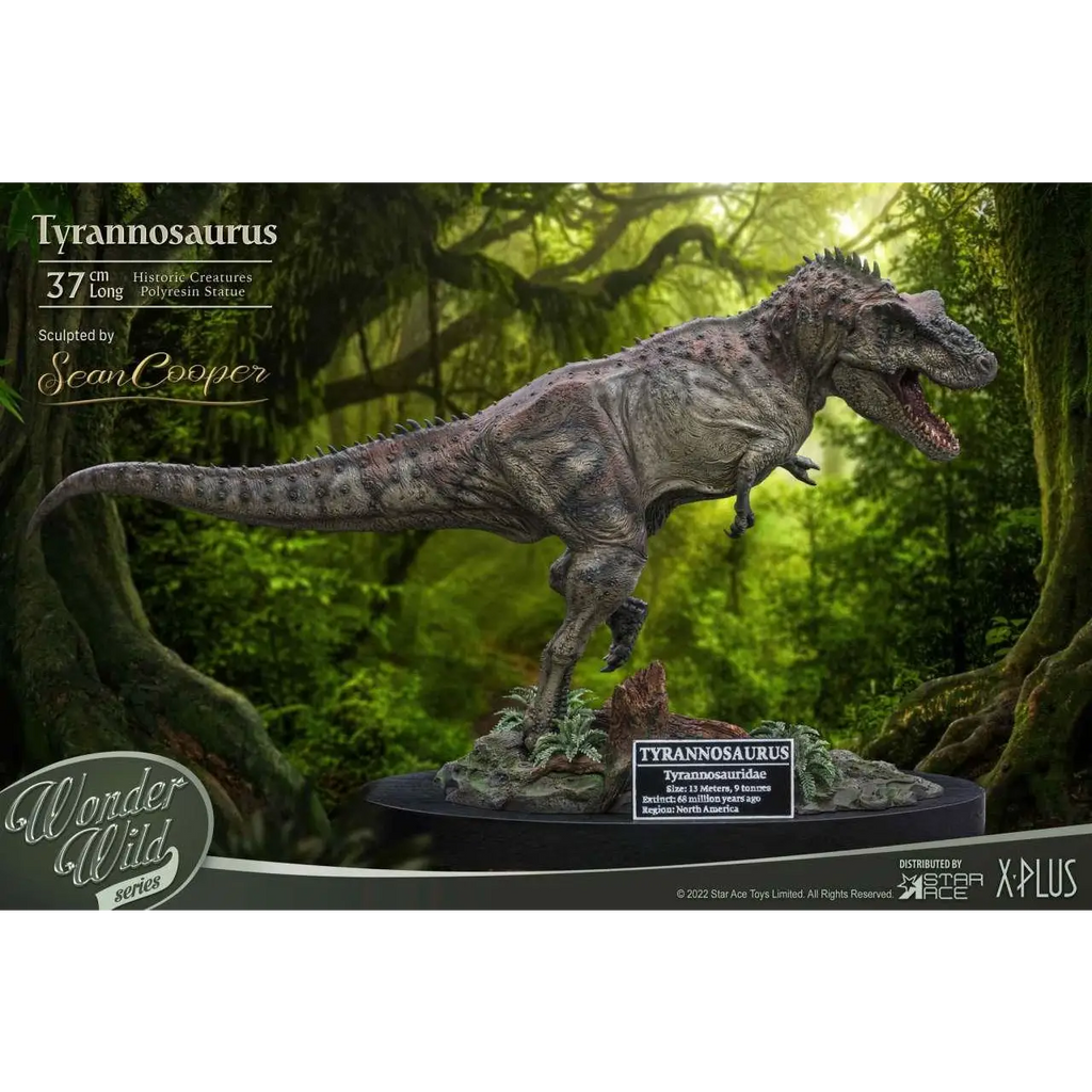 Detaljerad 37 cm gråbrun T-rex-statett med texturerad hud, vassa tänder och taggig rygg, skulpterad av Sean Cooper för Wonder Wild-serien